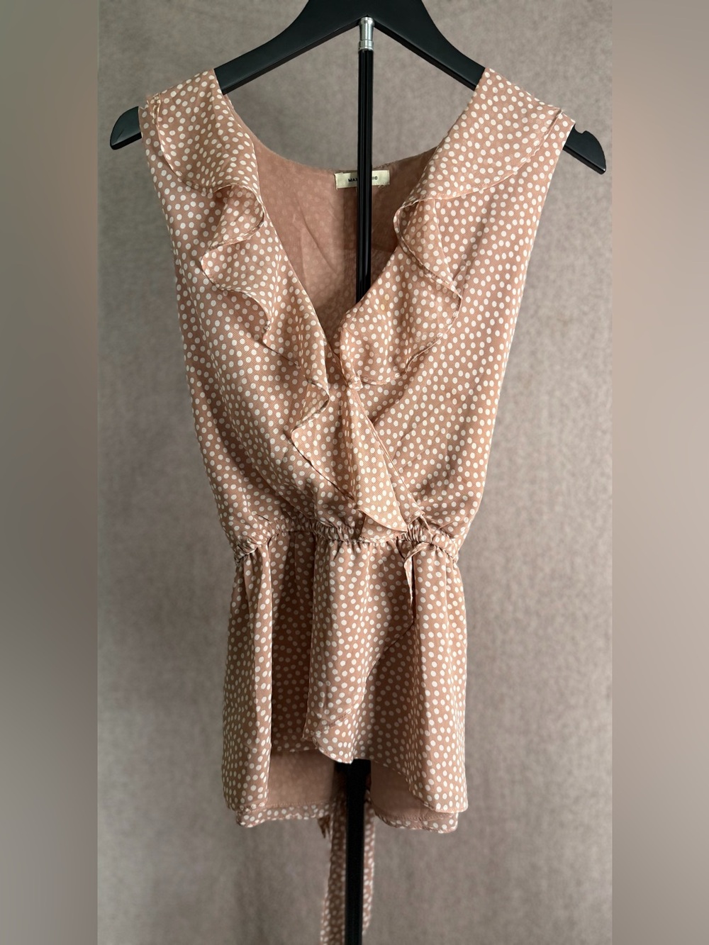 Max Studio Blush Polka Dot Ruffle Wrap Tie Waist Blouse Top M